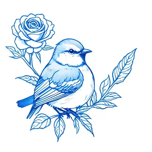 Rose And Blue Bird Sitting