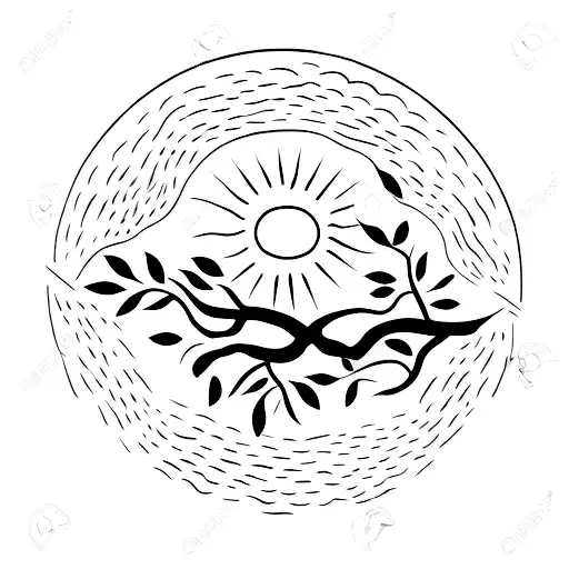 A Minimalist Tattoo Of A Walnut Tree With The Sun Shining Through Its Branches