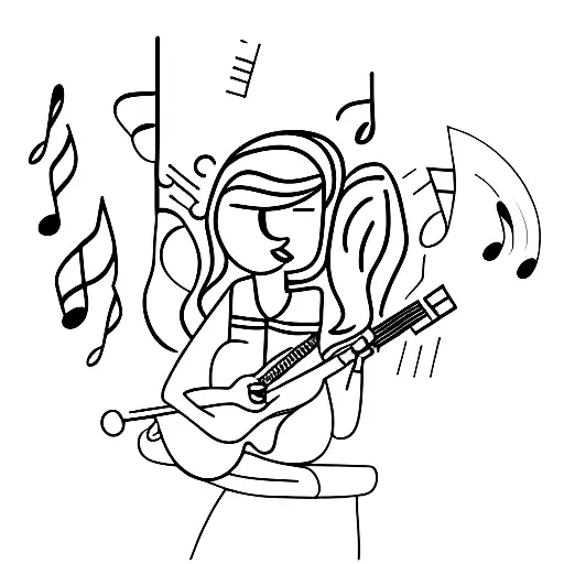 Girl Laying On A Guitar With Music Notes Around Her Head