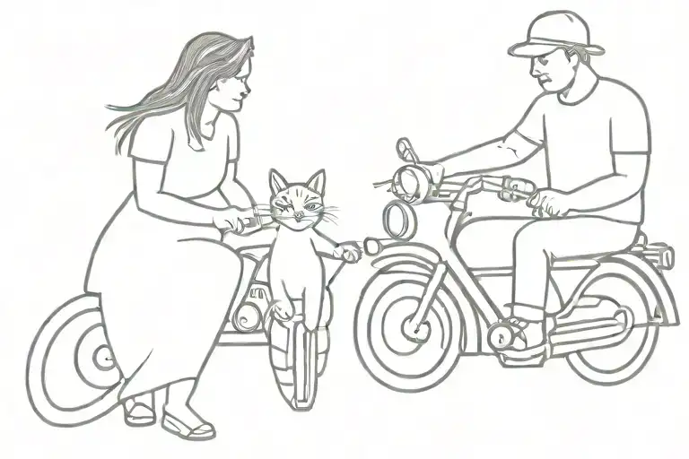 Mother Father Daughter Child Cat Motorcycle Travel