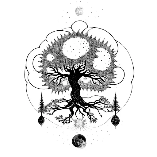 World Tree Yggdrasil With Glowing Fruits And Little Ghosts