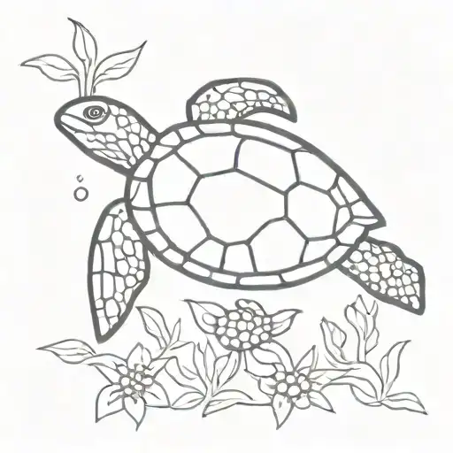 A Minimalist Tattoo Of A Leatherback Sea Turtle Surrounded By A Serene Underwater Garden