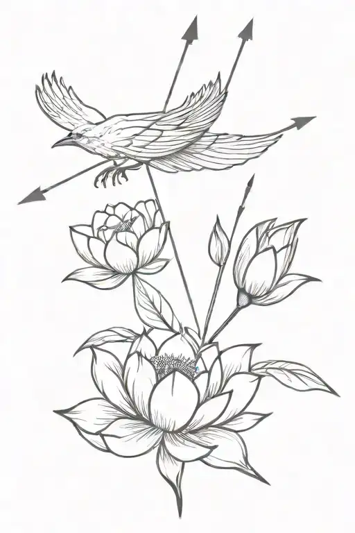 An Arrow Passing Through A Pheonix Bird's Chest And Arrow Blooming Into A Lotus