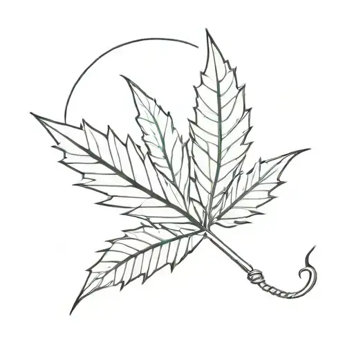 A Minimalist Tattoo Design Of A Cannabis Leaf Intertwined With A Crochet Hook