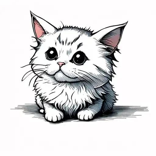 Small Fluffy White Cat Sitting And Looking Up To The Right With Cute Eyes