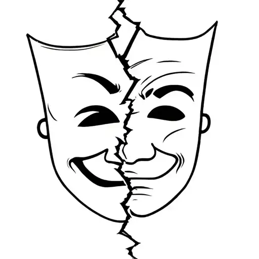 Broken In Half Theatrical Mask One Side Smiling Other One Is Sad With A Lot Of Cracks