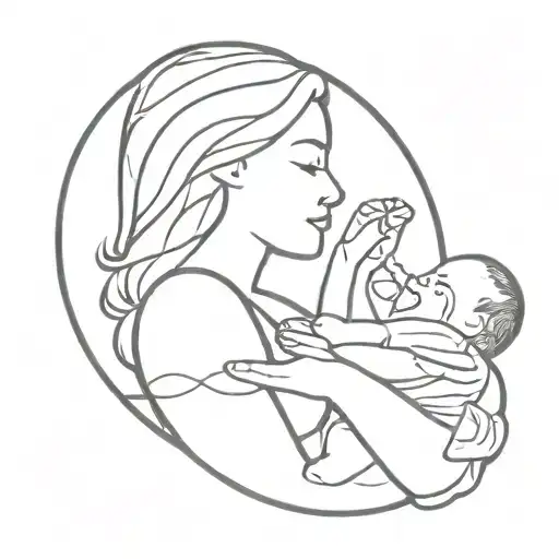 Line Art Of A Baby Breastfeeding With The Letters Z And N Worked Into It