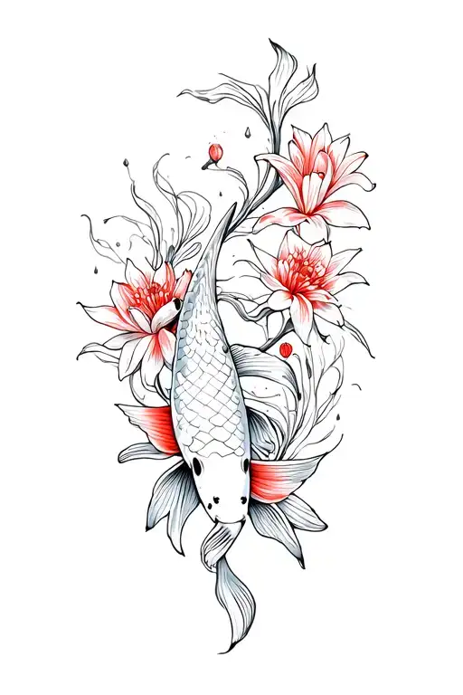 Koi Fish Surrounded By Chrysanthemus And Red Spider Lilys