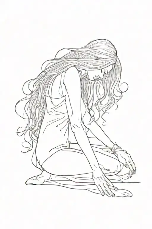 A Woman Begging On Her Knees With Long Hair Bowing Her Head