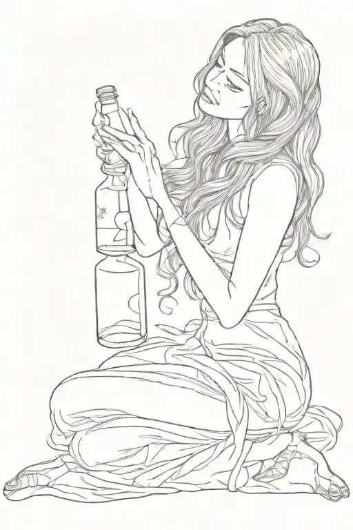 A Woman Begging On Her Knees With Long Hair Holding A Class Bottle In Her Hand