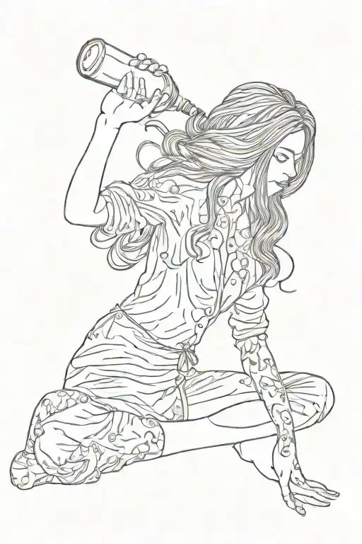 A Woman Begging On Her Knees With Long Hair Holding A Class Bottle In Her Hand