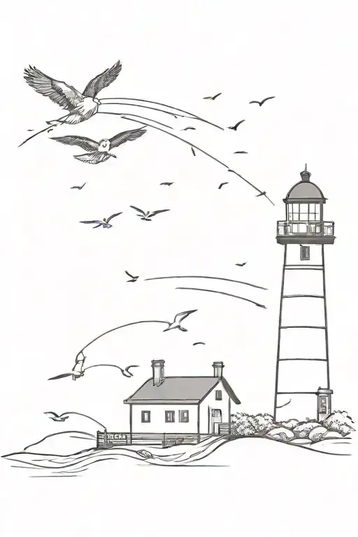 Lighthouse With 4 Birds Flying Around It