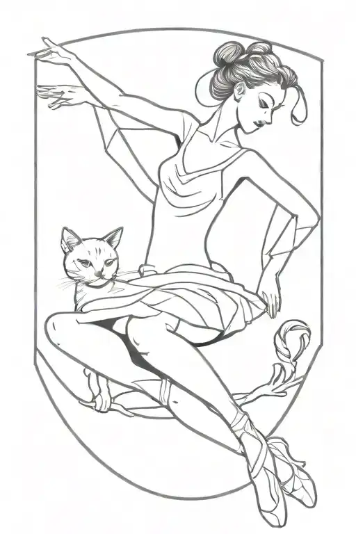 A Minimalist Tattoo Design Of A Ballet Dancer Gracefully Posing With A Cat Perched On Their Shoulder