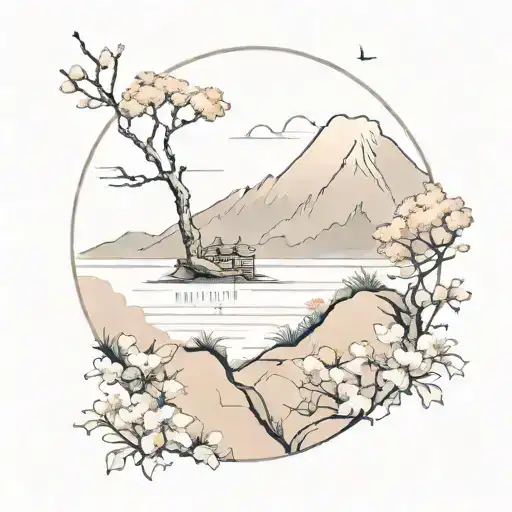 A Nature Scene With Japanese Art Elements And Subtle References To Music