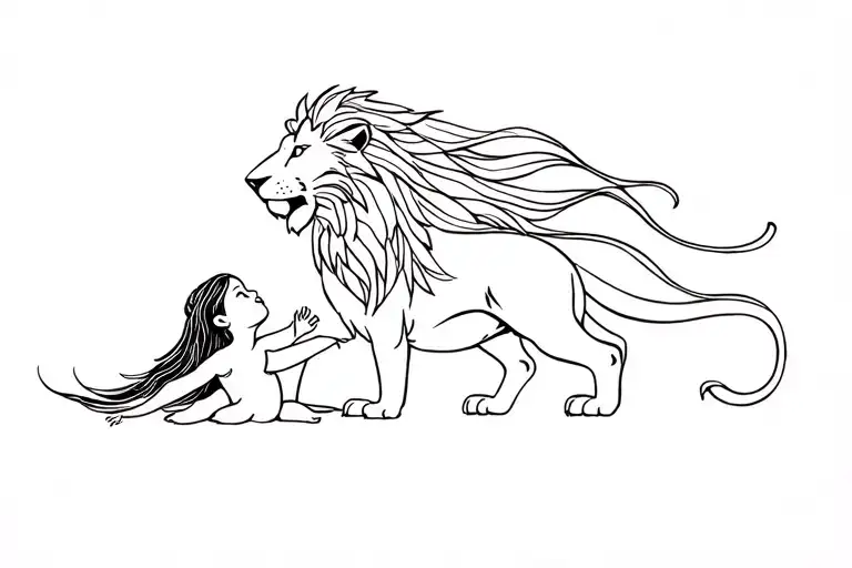 A Proud Lion Protects A Little Girl With Long Hair