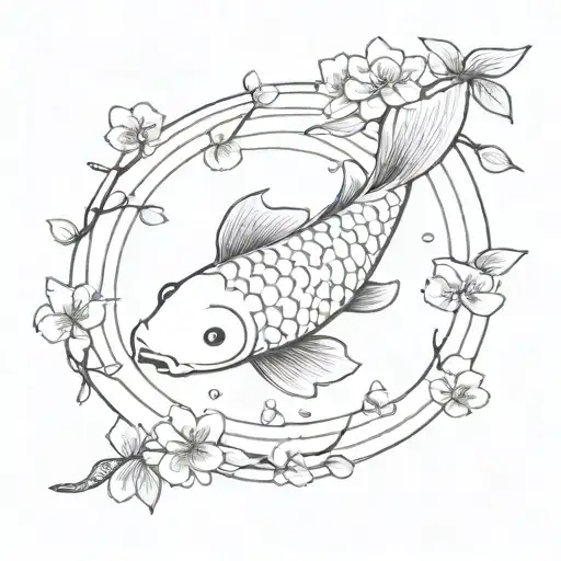 A Japanese Koi Fish Surrounded By Traditional Japanese Cherry Blossom Trees