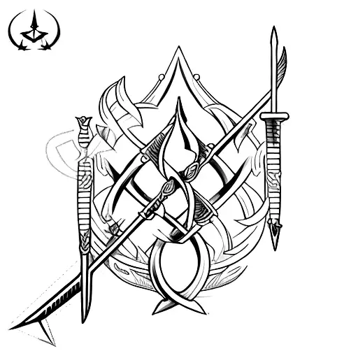 Trident With Sharp Arrow Heads At The Prongs And A Long Sword Attached On The Handle