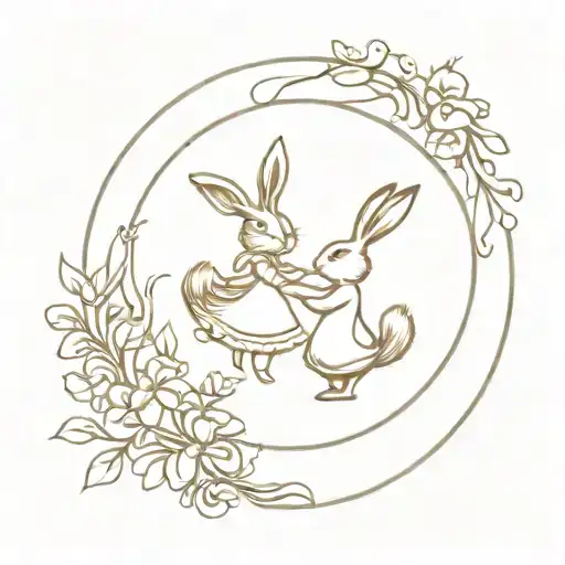 Alice In Wonderland And Simple Rabbit Dancing In A Circle