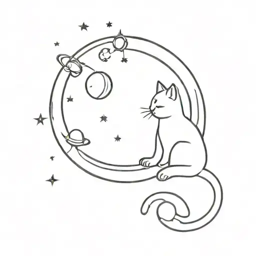 A Minimalist Tattoo Of A Cat Drawing A Picture Of The Moon And Solar System