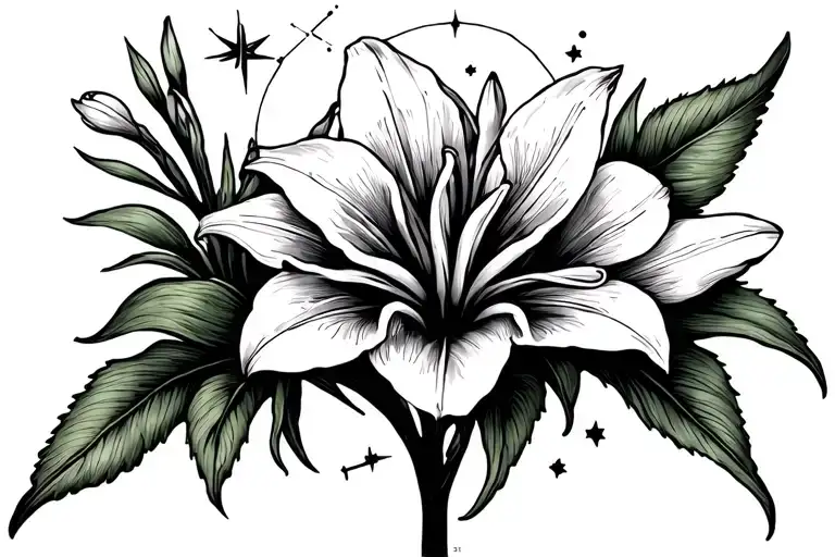 Bouquet Of Lilly Of Valley Flowers Overlapping A Leo Constellation Stars With A Swirly Sun