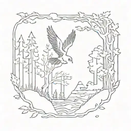 A Minimalist Tattoo Design Of A Forest Scene With A Phoenix And Dragon Hidden Among The Trees