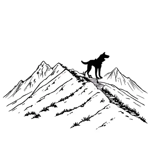 A Minimalist Tattoo Of A Dog Hiking Up A Mountain Trail