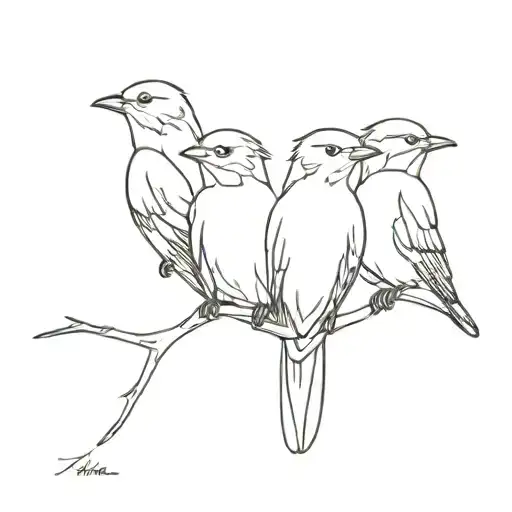 3 Little Birds Sitting Side By Side View Shot From Back