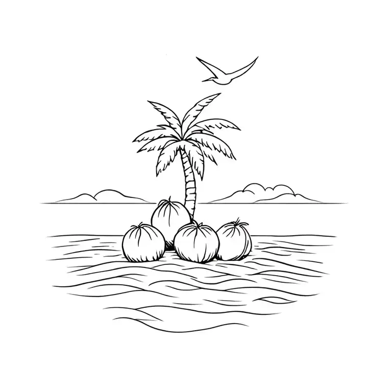 A Palm Tree With 3 Coconuts On An Island With Subtle Waves Around It And Birds In The Sky