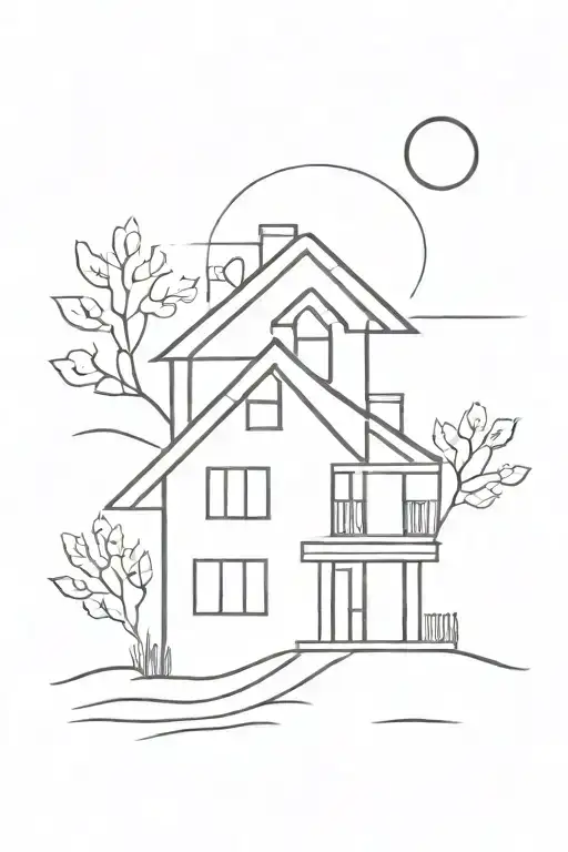 House With A Sun In The Background Black And White Line Work
