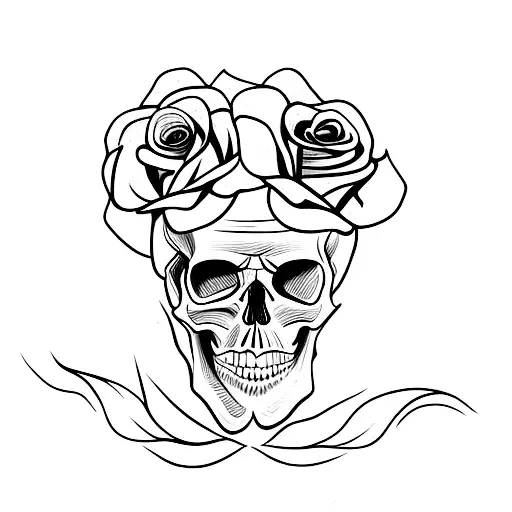 Skull With Hairy Eyebrows And Roses Around Head