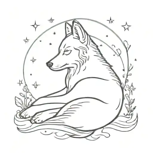 A Minimalist Tattoo Of A Wolf Sleeping Peacefully Under A Starry Sky