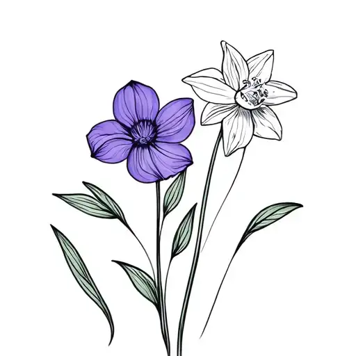 Fine Line Tattoo Of Violet Flower And Narcissus Flower With Stems