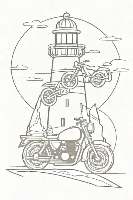 A Stylized Motorbike Silhouette With A Lighthouse In The Background