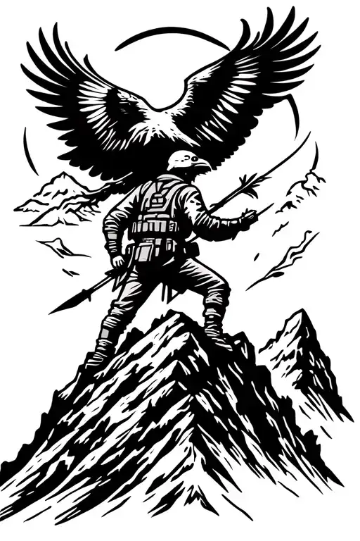 A Soldier Silhouette Standing On A Mountain Peak With An Eagle Flying Overhead And An Arrow In Hand