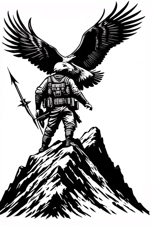 A Soldier Silhouette Standing On A Mountain Peak With An Eagle Flying Overhead And An Arrow In Hand