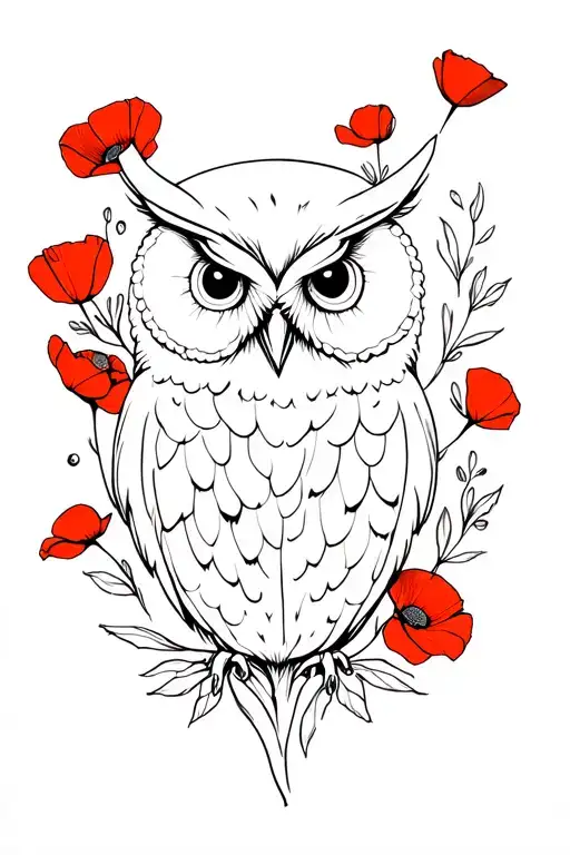 Bard Owl With Poppies Blooming