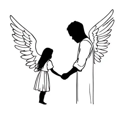 Man With Wings Holding Little Girl Hand Silhouette