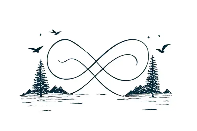 Infinity Sign Sea Mountains Not Sharp Sun Valley Birds Pines Lightness