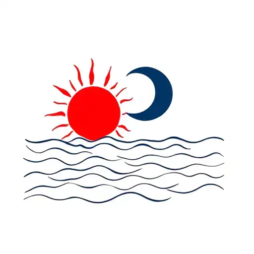 Sun And Moon On The Sea With Red Details In The Sun And Blue On The Moon