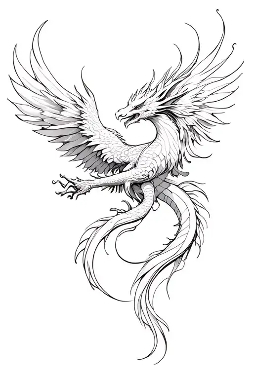 Phoenix And Dragon Opposite Ends Of Tail Mid Way Flowing Together Like Smoke