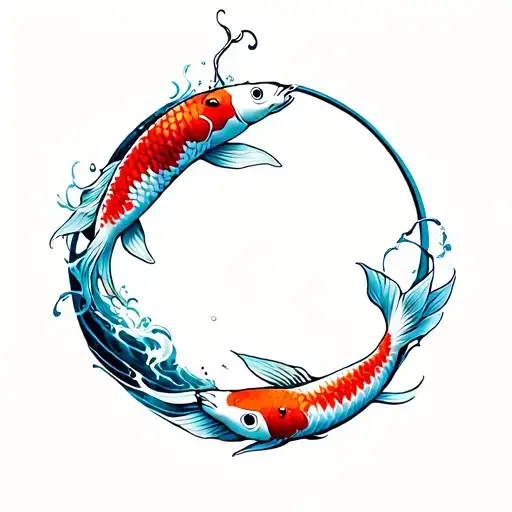 Circle Of Koi Fishes Swimming In Waves And Cherry