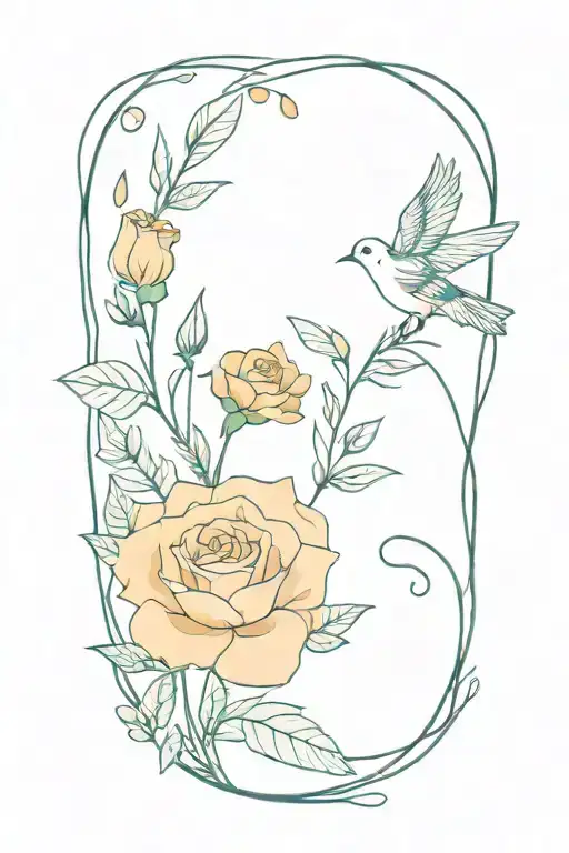 Marigolds And Roses And Ocean Waves Flowing Feathers