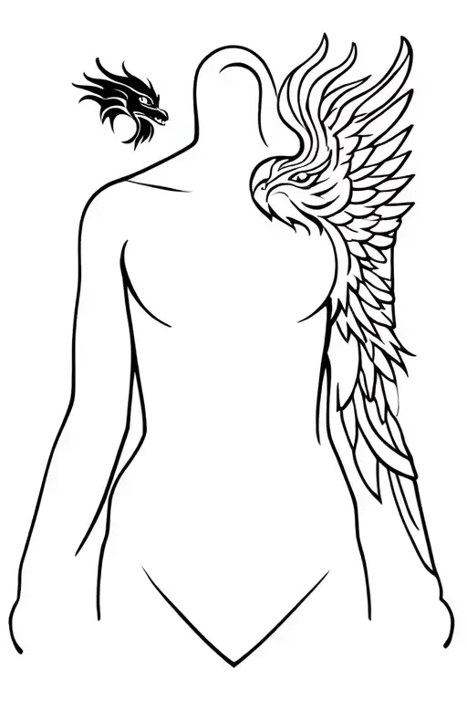 A Minimalist Line Design Of A Body With One End Dragon Head One End Phoenix Head And Wings