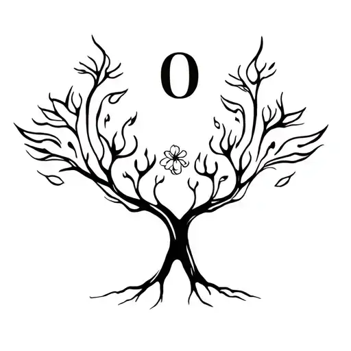 Tree With Digital 0 And 1 With Phoenix Flames And Two Flowers