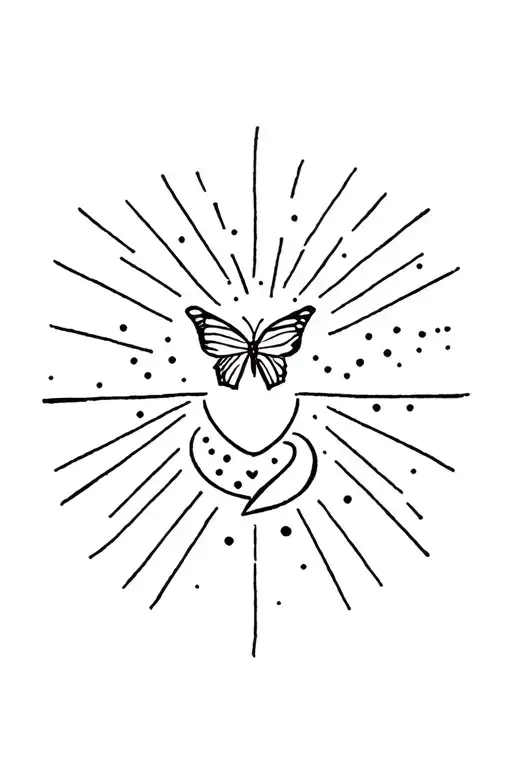 Butterfly And Rays In The Shape Of A Heart With A Moon At The Bottom And Dots On Top