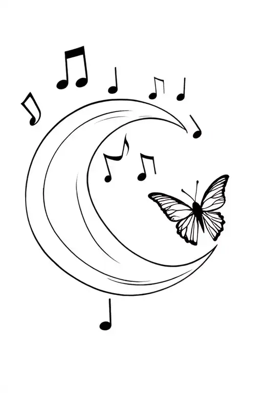 A Minimalist Tattoo Design Of A Crescent Moon With A Silhouette Of A Butterfly And Musical Notes
