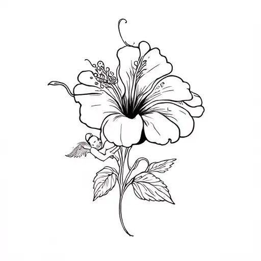 Fine Line Tattoo Of Flower Hibiscus Flower With Baby Angels