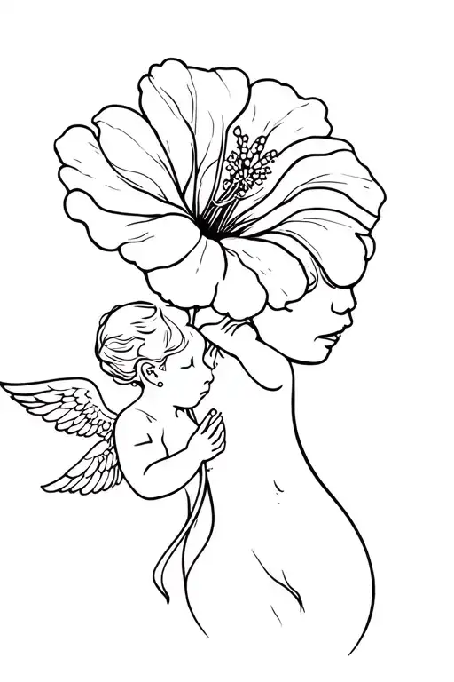 Fine Line Tattoo Of Flower Hibiscus Flower With Baby Angels Feminine Back