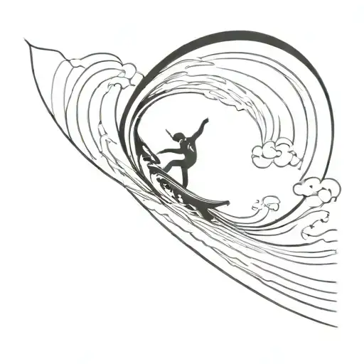 A Minimalist Tattoo Design Of A Surfer Riding A Wave With The Kenyan Flag In The Background