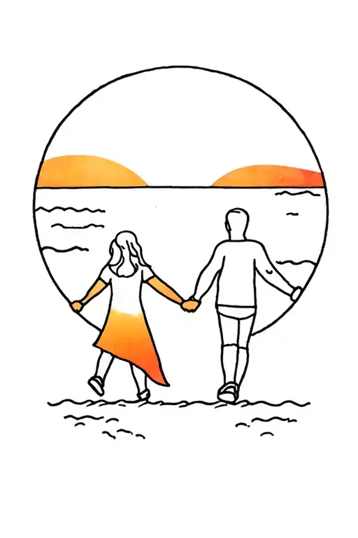 Father And Daughter Walking Into The Sunset Holding Hands